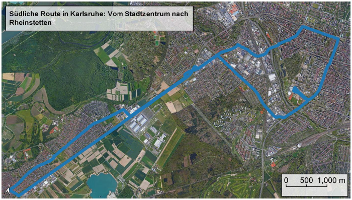 Südliche Route: Karlsruhe Stadtzentrum nach Rheinstetten