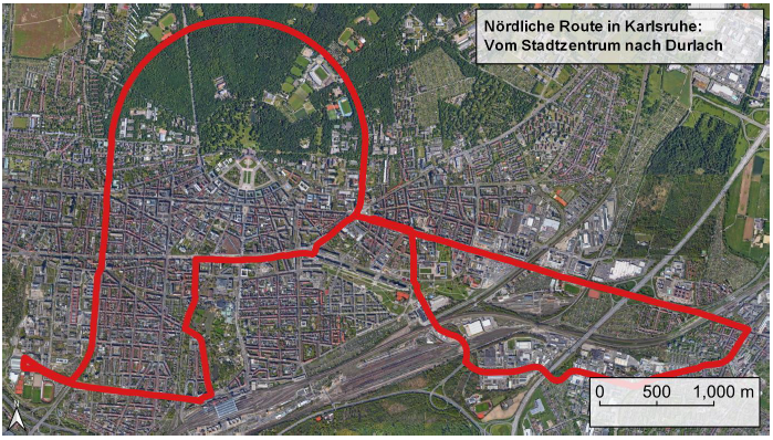 Nördliche Route Karlsruhe Stadtzentrum nach Durlach